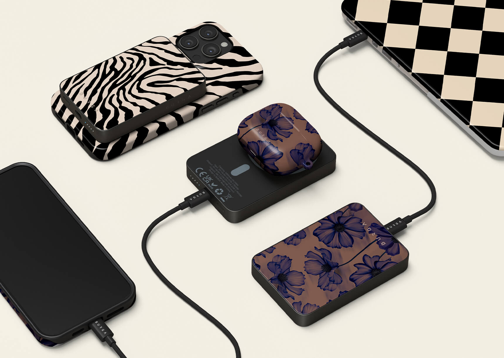 Assorted patterned tech accessories, including phone cases and chargers, connected and displayed on a light background.